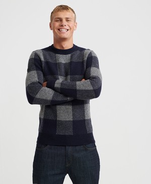 Superdry Academy Check Crew Neck Férfi Ugró Sötétkék | KYHMS1264